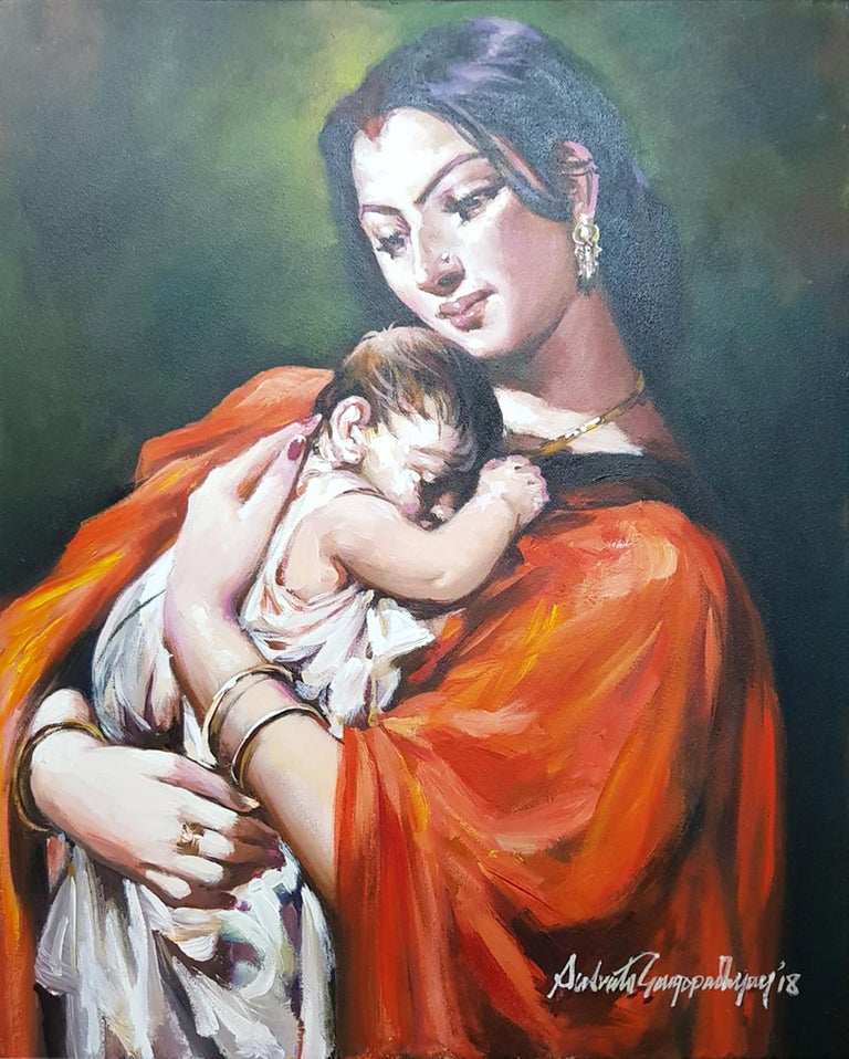 Subrata Gangopadhayay Figurative Painting - Mother & Child Series, Acrylic on Canvas, Red, Green by Indian Artist "In Stock"