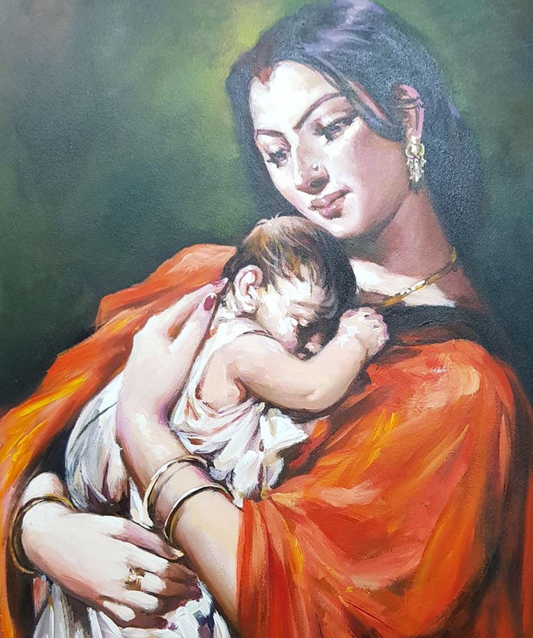 Mother & Child Series, Acrylic on Canvas, Red, Green by Indian Artist 