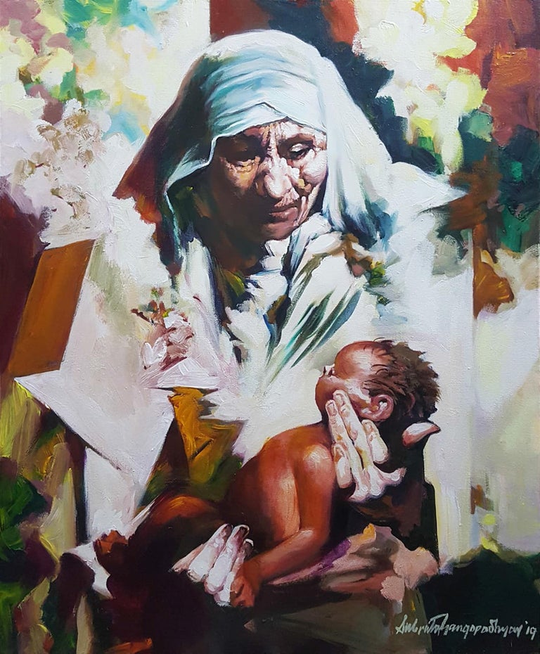 Subrata Gangopadhayay Figurative Painting - Mother & Child, Mother Teresa, Acrylic on Canvas by Indian Artist "In Stock"