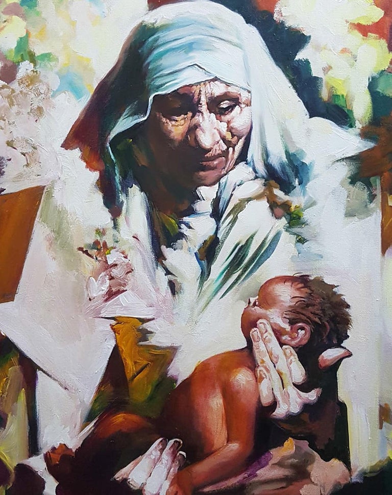 Mother & Child, Mother Teresa, Acrylic on Canvas by Indian Artist 