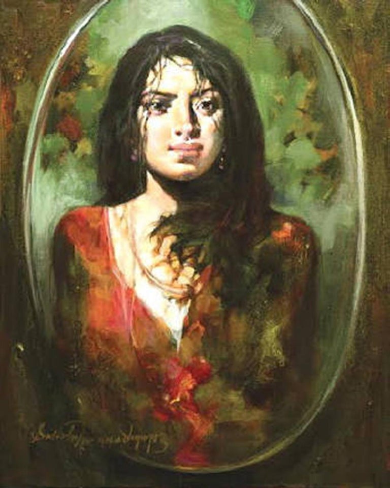 Subrata Gangopadhayay Interior Painting - The Mirror, Woman, Oil, Acrylic on Canvas, Green, Red by Indian Artist"In Stock"