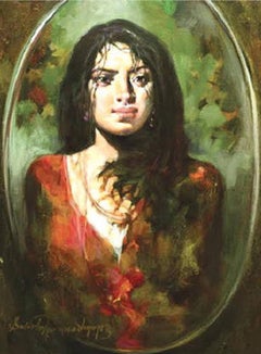 The Mirror, Woman, Oil, Acrylic on Canvas, Green, Red by Indian Artist"In Stock"