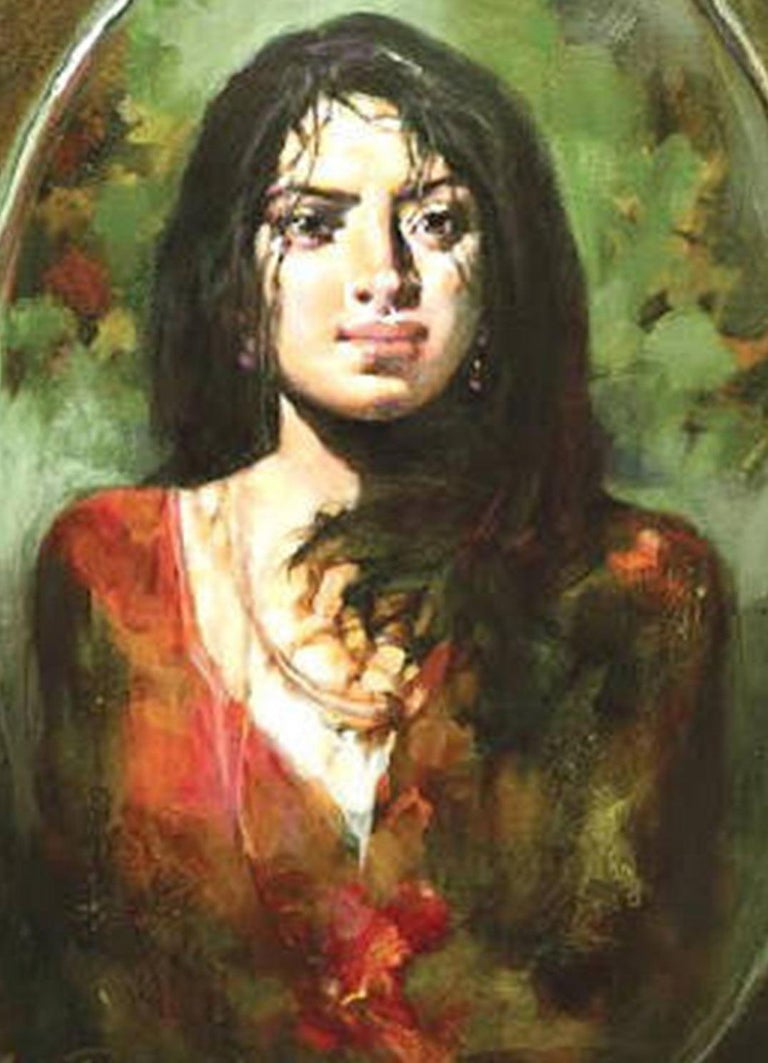 The Mirror, Woman, Oil, Acrylic on Canvas, Green, Red by Indian Artist
