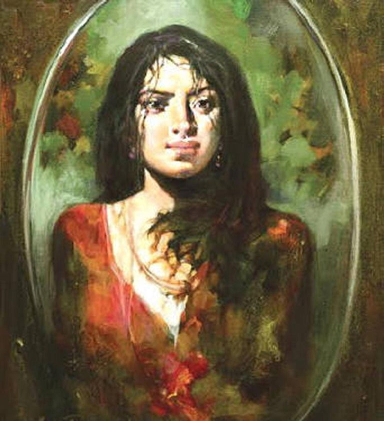 The Mirror, Woman, Oil, Acrylic on Canvas, Green, Red by Indian Artist