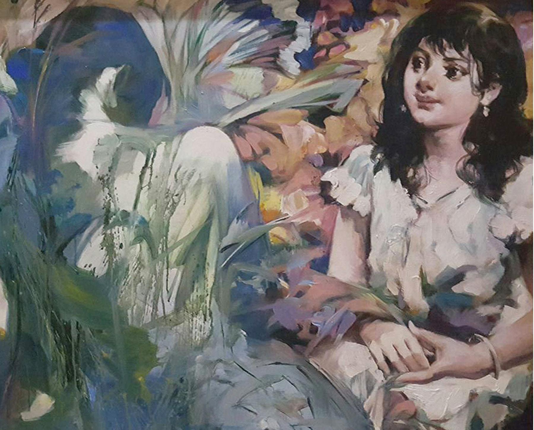 Fairytale, Mythology, Oil & Acrylic on Canvas, Blue by Indian Artist 