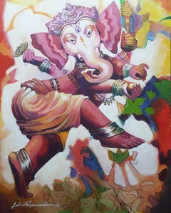Ganesha, God, Mythology, Acrylic on Canvas, Pink, Red by Indian Artist"In Stock"