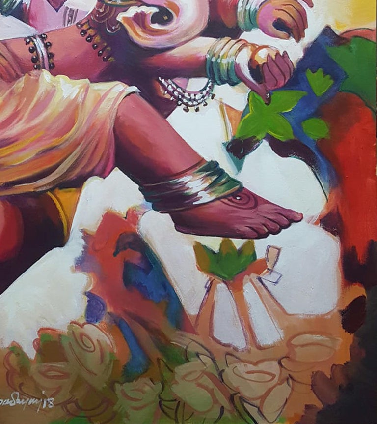 Ganesha, God, Mythology, Acrylic on Canvas, Pink, Red by Indian Artist