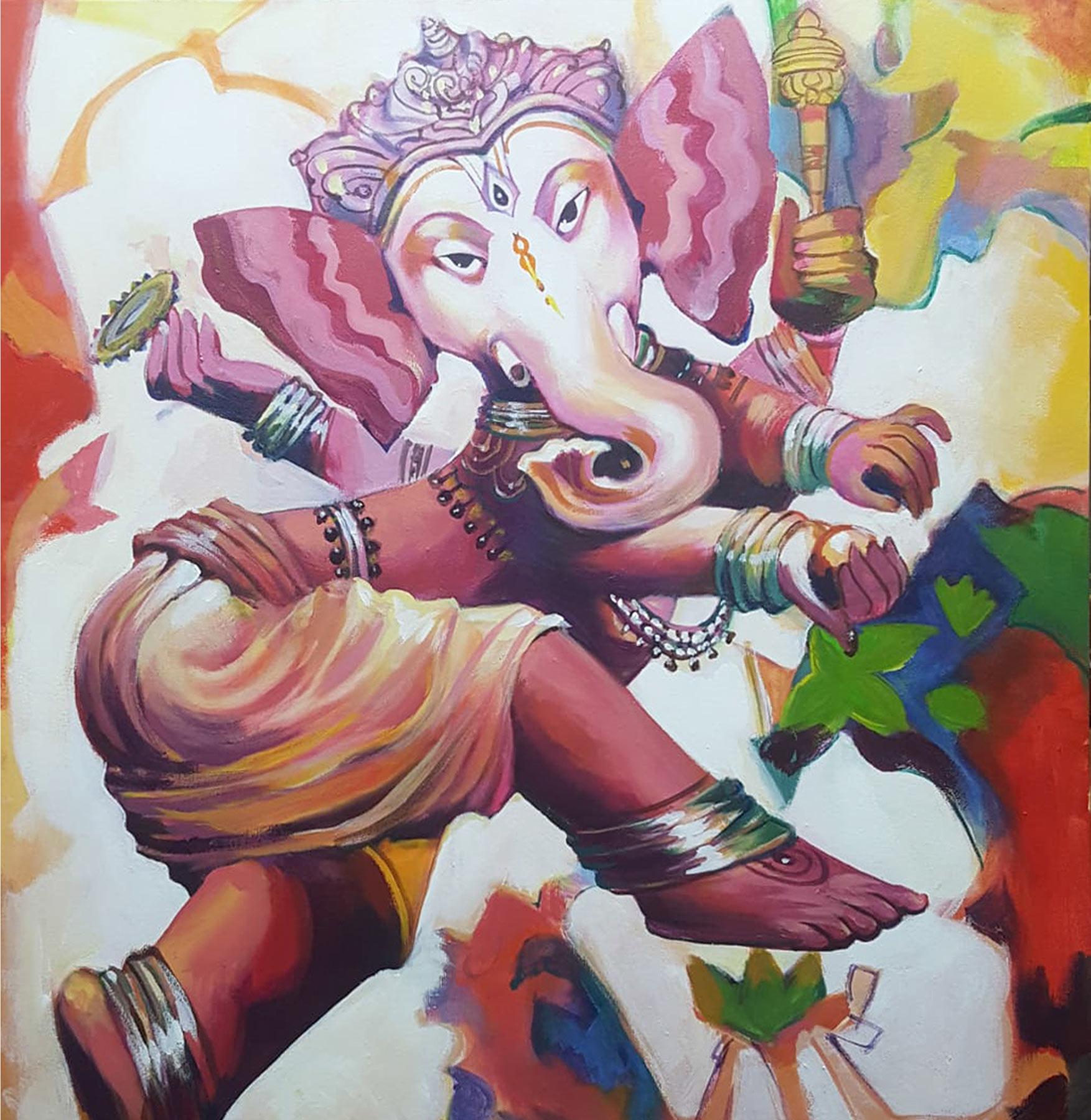 Ganesha, Dios, Mitología, Acrílico sobre lienzo, Rosa, Rojo por Artista indio 
