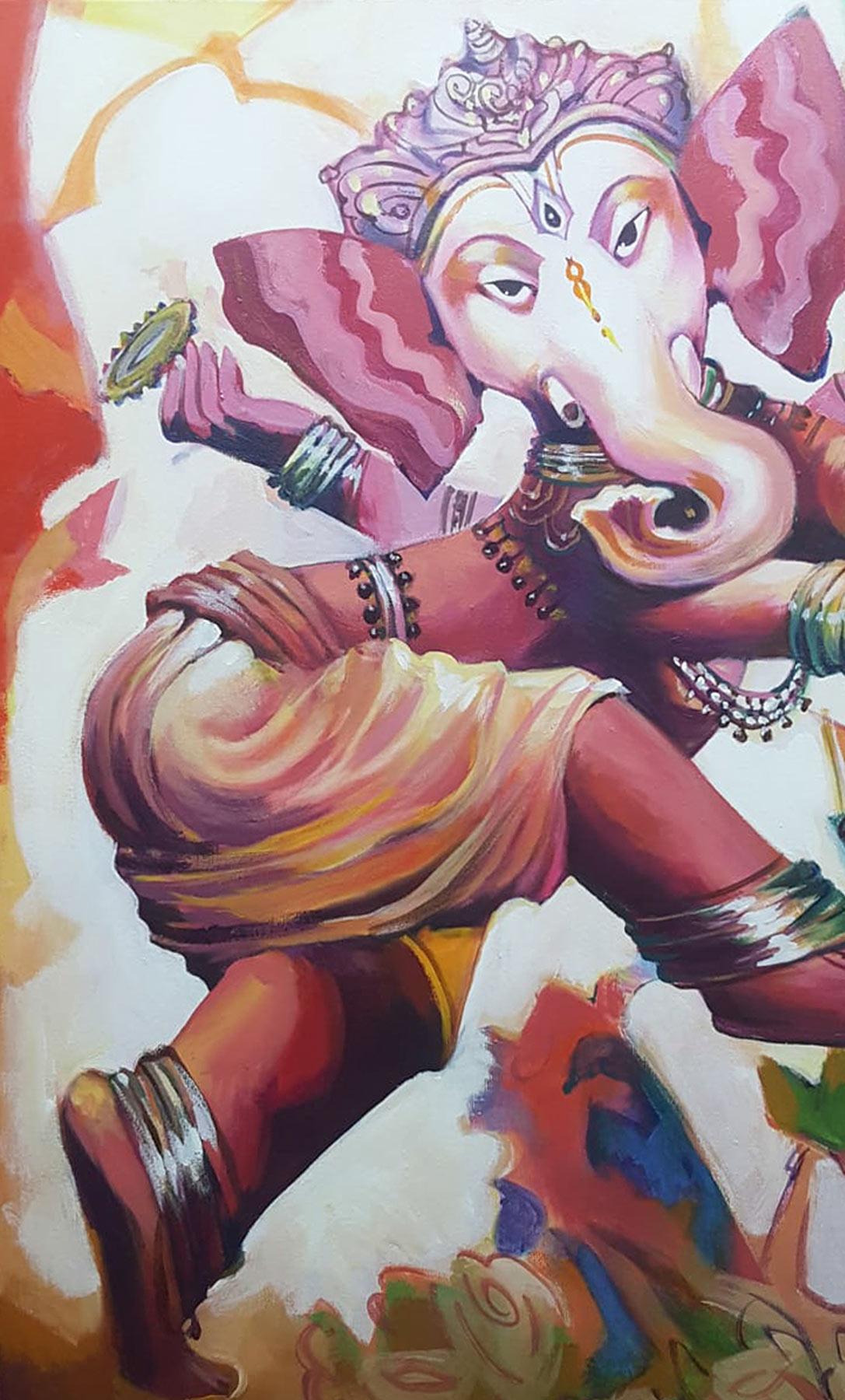 Ganesha, God, Mythology, Acrylic on Canvas, Pink, Red by Indian Artist