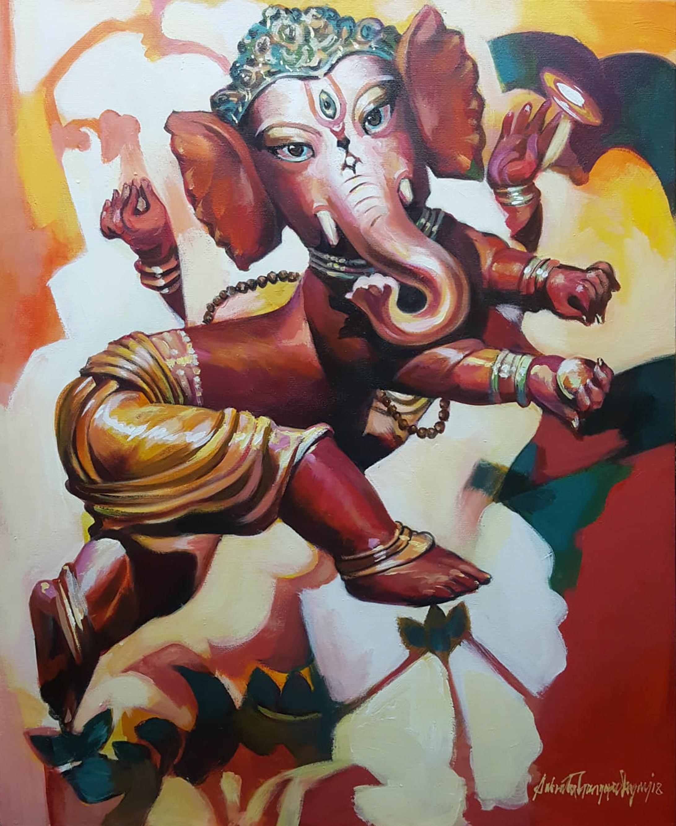 Ganesha, Mythology, Acrylic on Canvas, Red, Yellow by Indian Artist "In Stock"