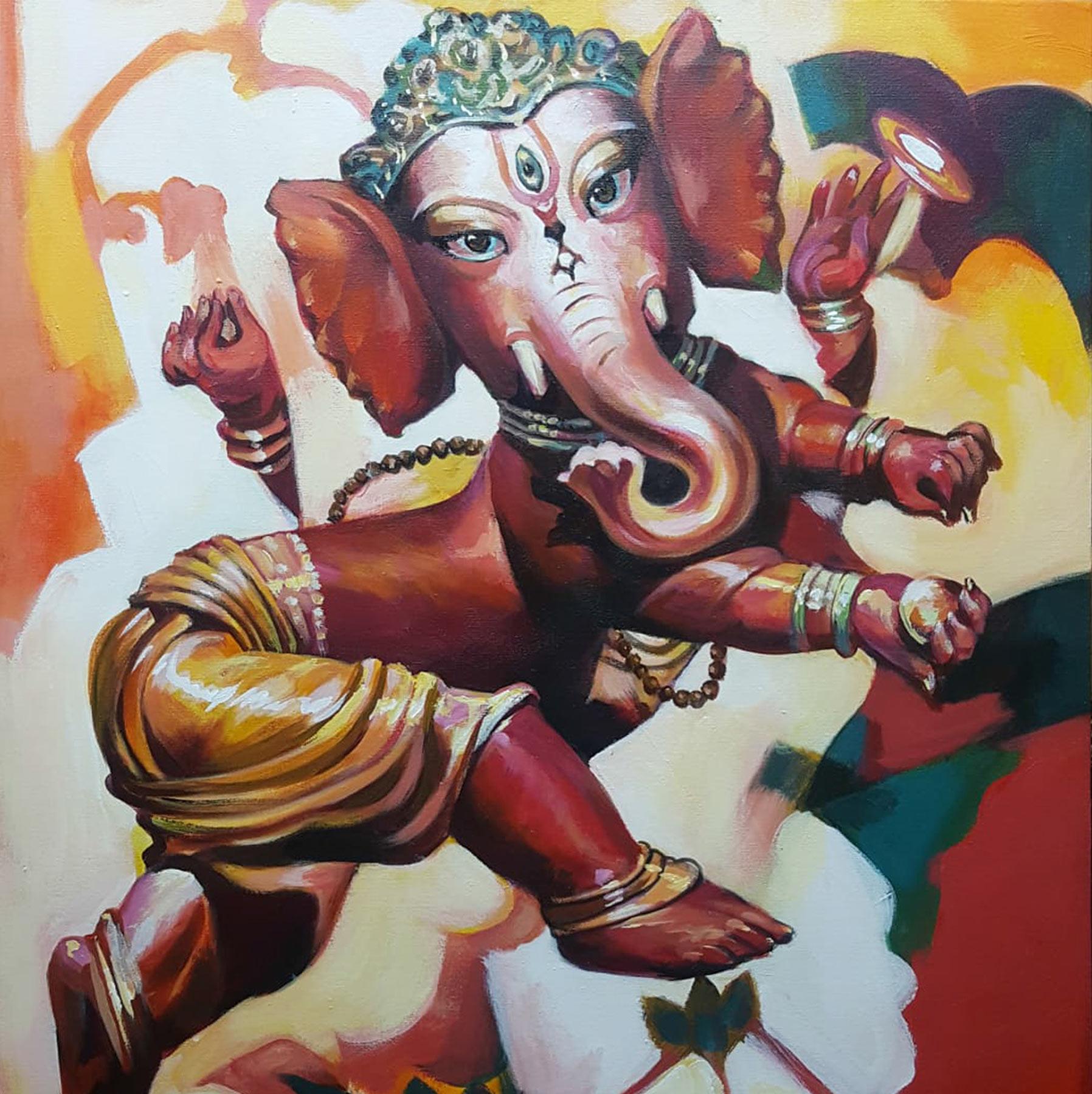 Ganesha, Mitología, Acrílico sobre lienzo, Rojo, Amarillo por Artista indio 