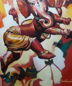 Ganesha, Mitologia, Acrilico su tela, Rosso, Giallo di Artista Indiano "In magazzino"