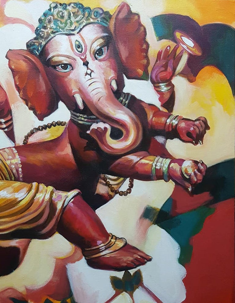 Ganesha, Mythology, Acrylic on Canvas, Red, Yellow by Indian Artist 