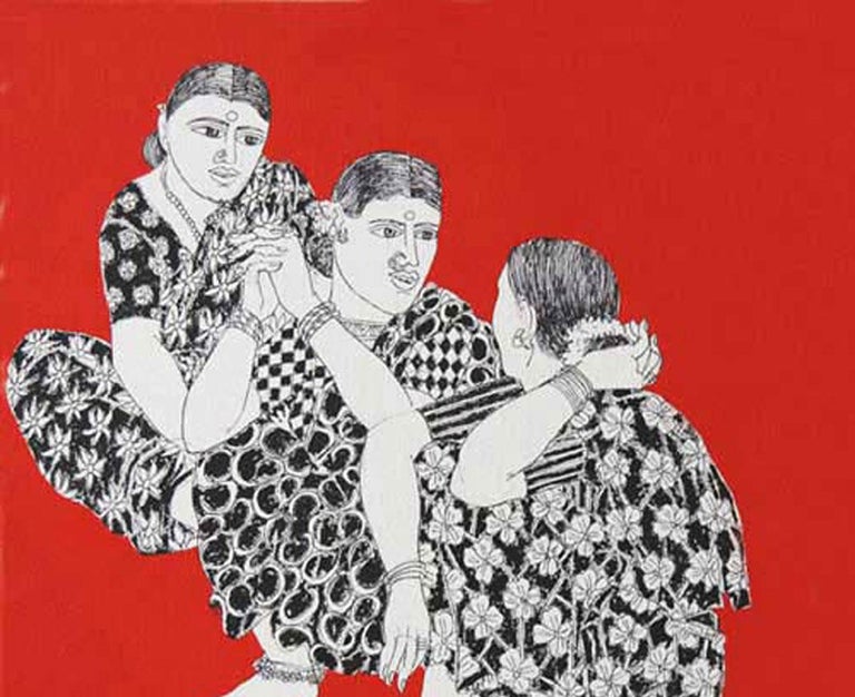 Laxman Aeley Village Women Gossip Acrylic On Canvas Red By South Indian Artist In Stock For Sale At 1stdibs,Anime Girl And Boy Holding Hands Drawing