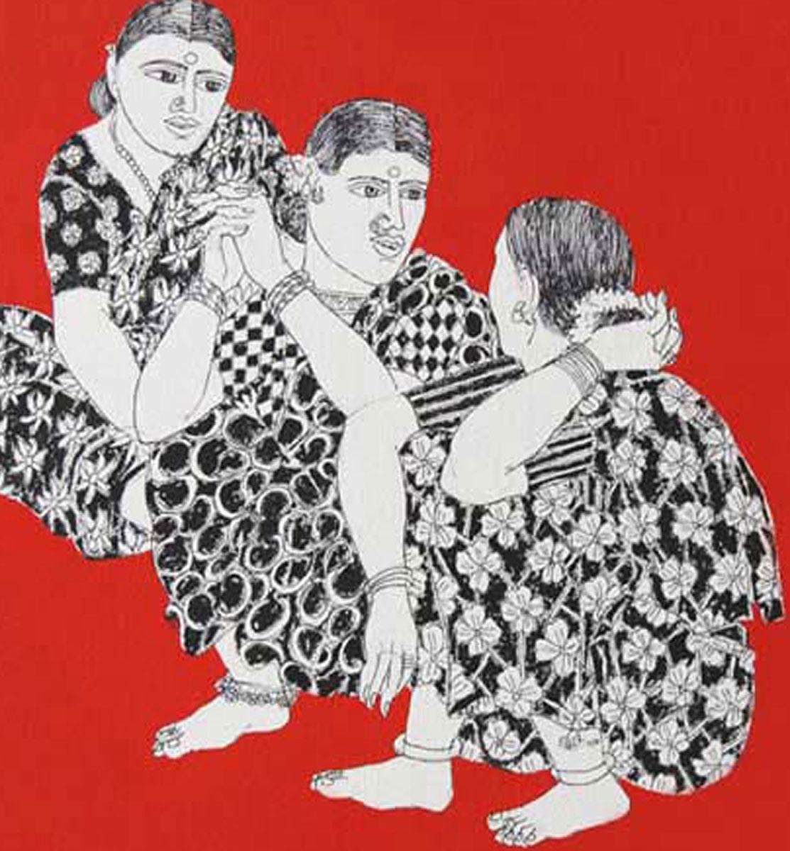 Village Women, Gossip, Acrylic on Canvas, Red by South Indian Artist 