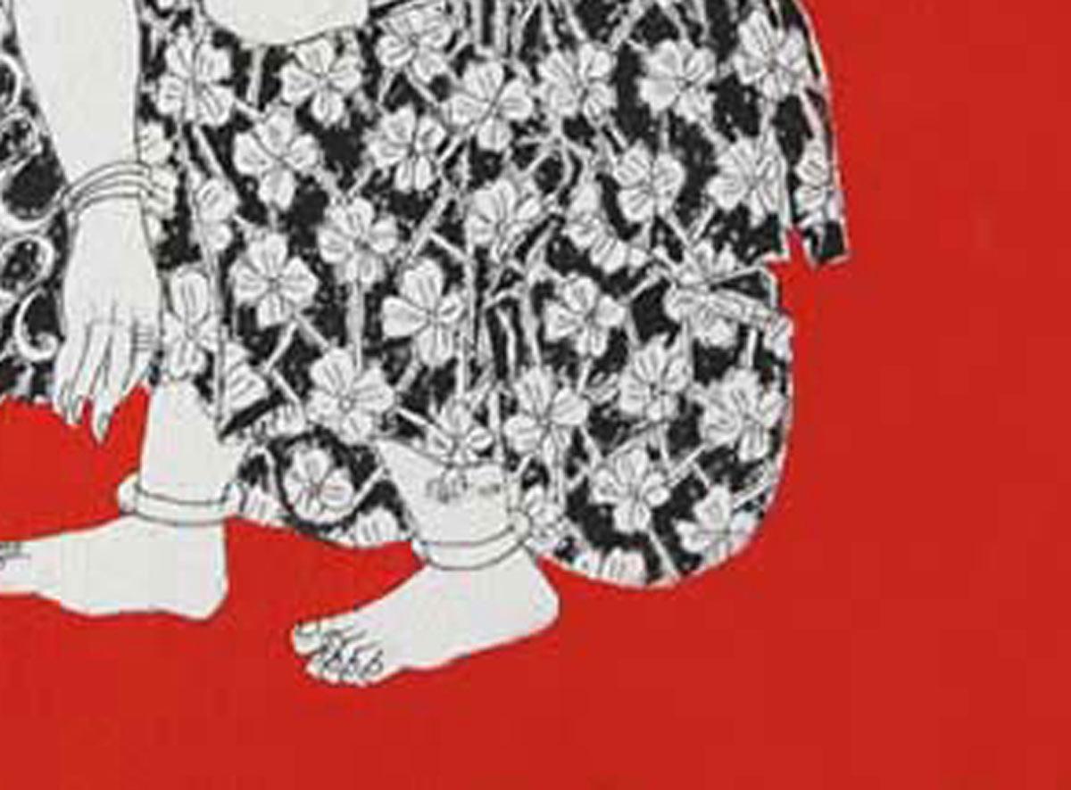 Village Women, Gossip, Acrylic on Canvas, Red by South Indian Artist 