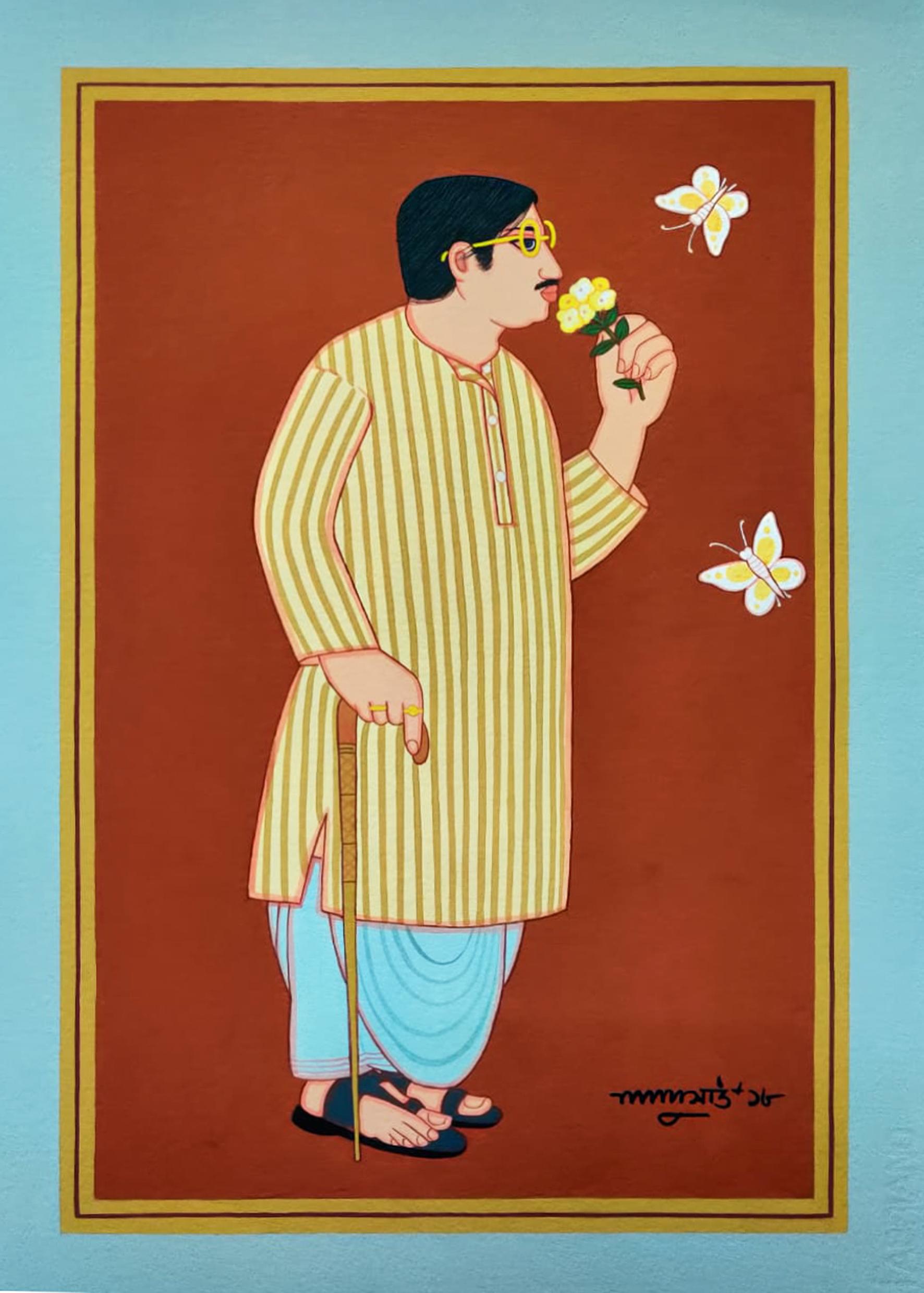 Babu, Tempera on Board, Rust, Yellow, Brown, Grey by Lalu Prasad 