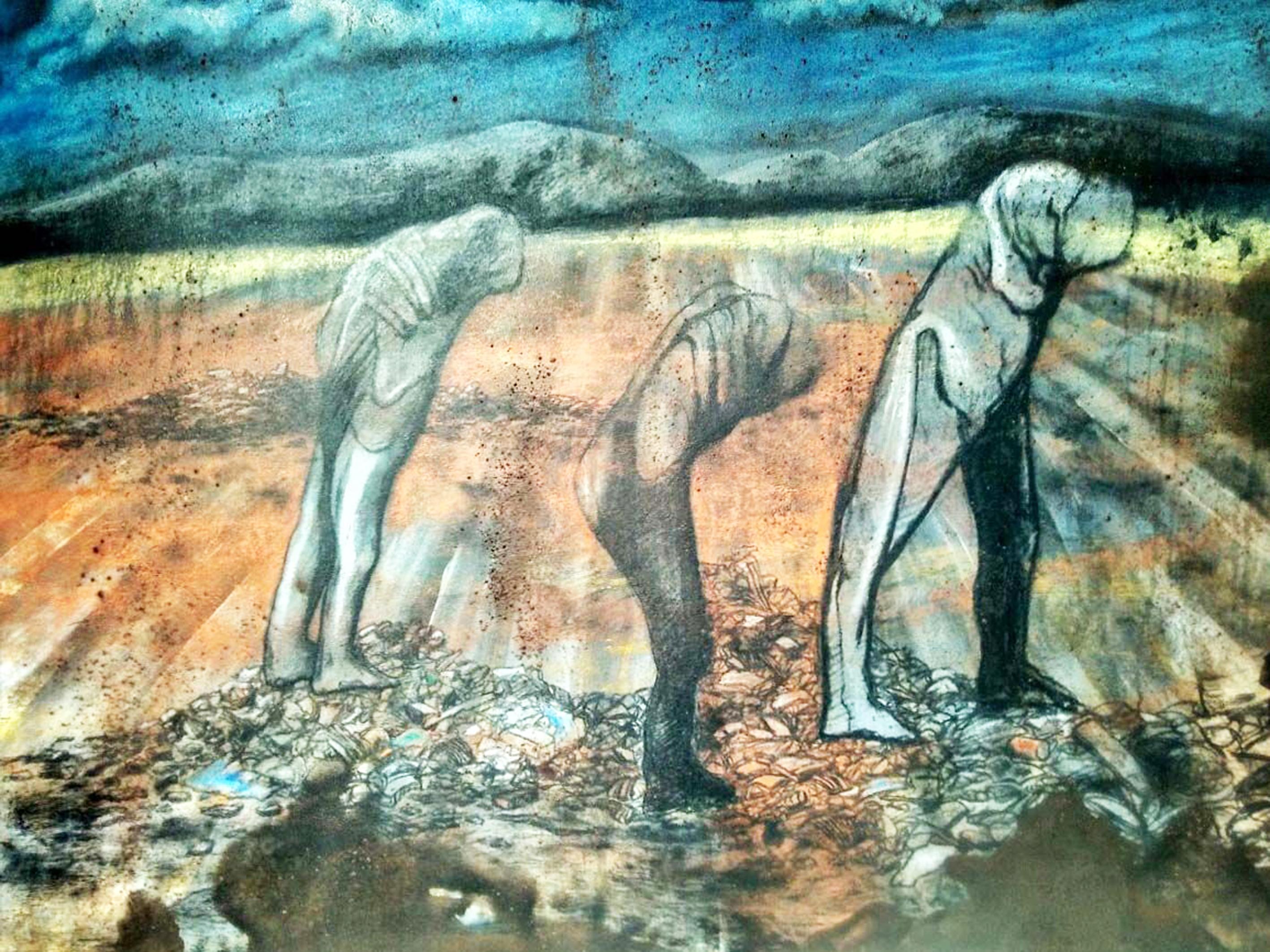 Figurative Painting de Arindam Chatterjee - Figurativo, Técnica mixta sobre lienzo, Azul, Marrón, Verde por Artista indio "En Stock"
