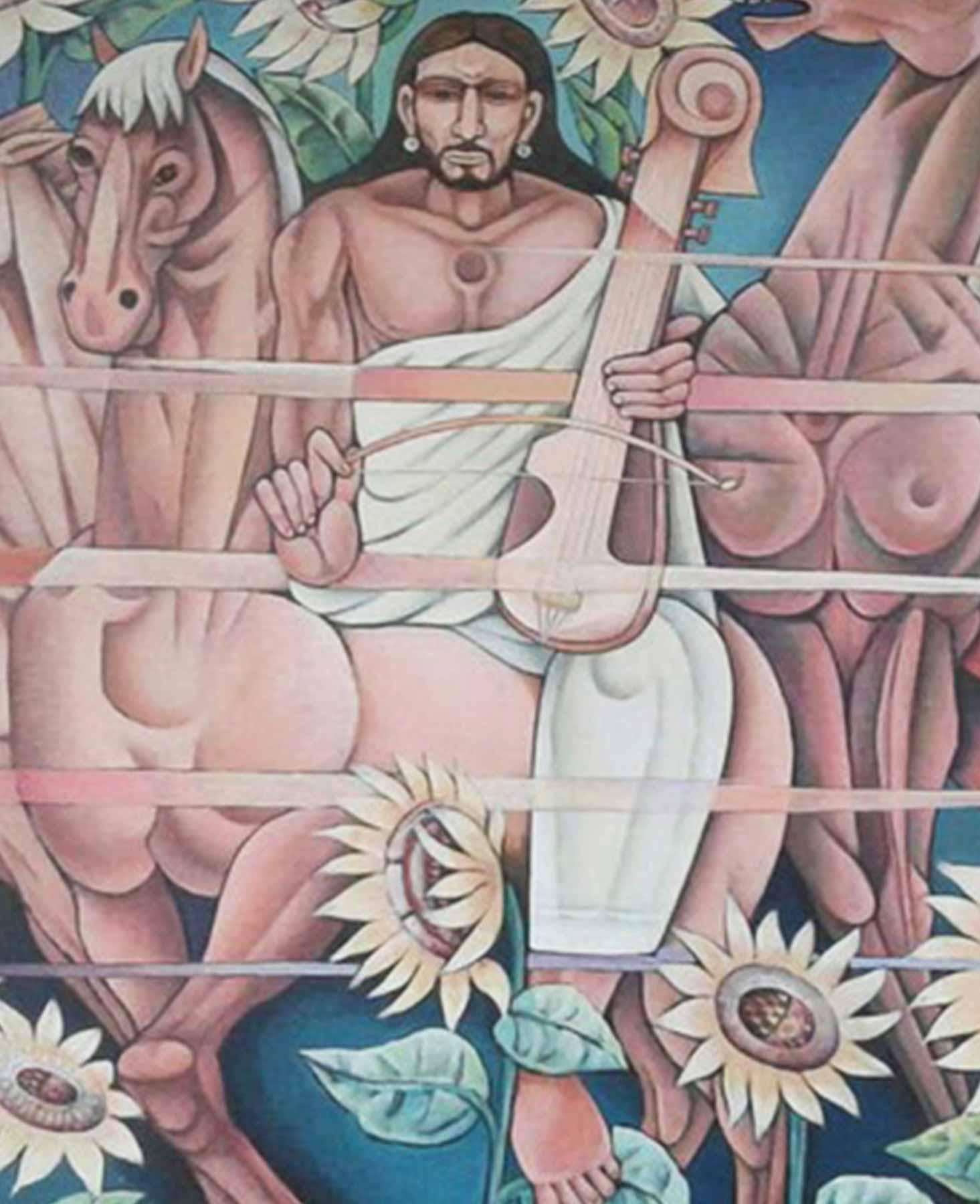 Pferdereiter, Mischtechnik auf Leinwand, Blau,Braun von Modern Indian Artist „Auf Lager“ – Painting von Bijan Choudhury