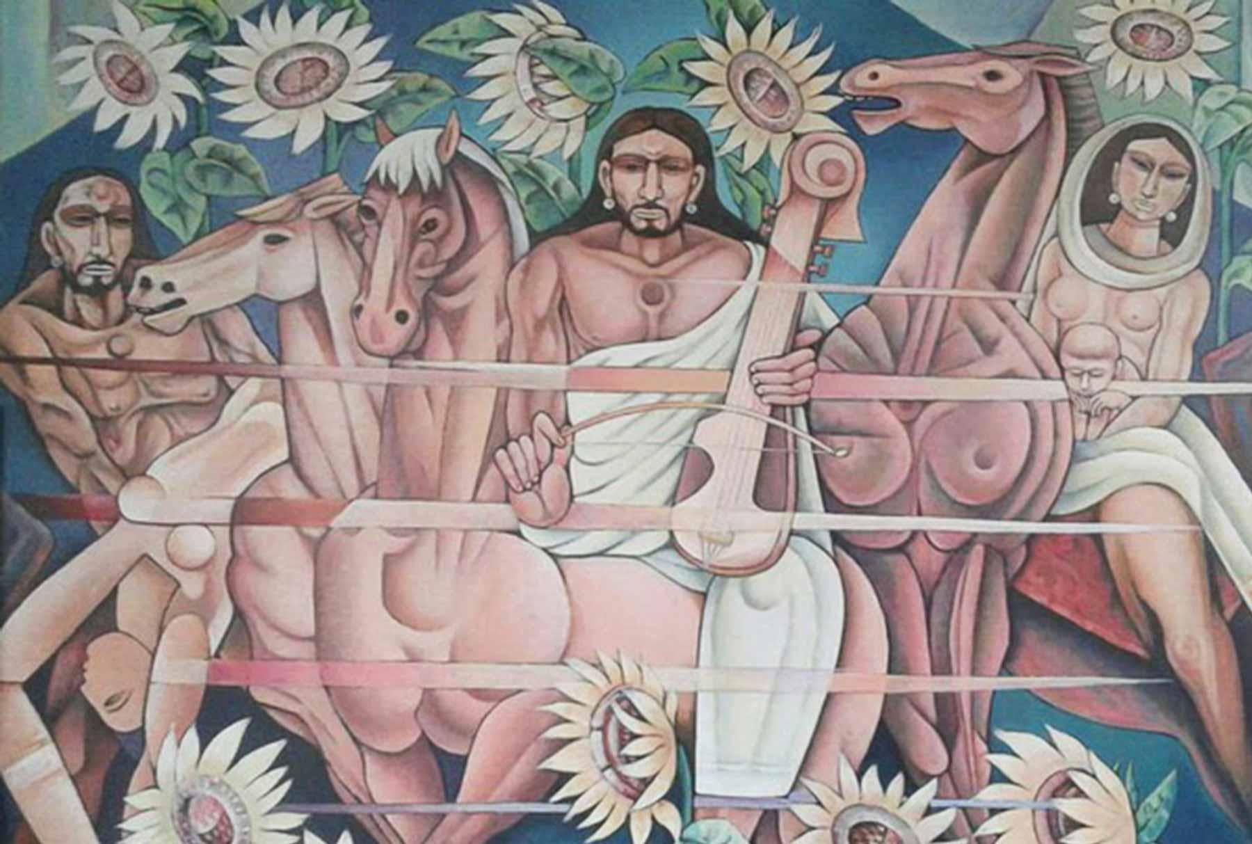 Pferdereiter, Mischtechnik auf Leinwand, Blau,Braun von Modern Indian Artist „Auf Lager“ im Angebot 1