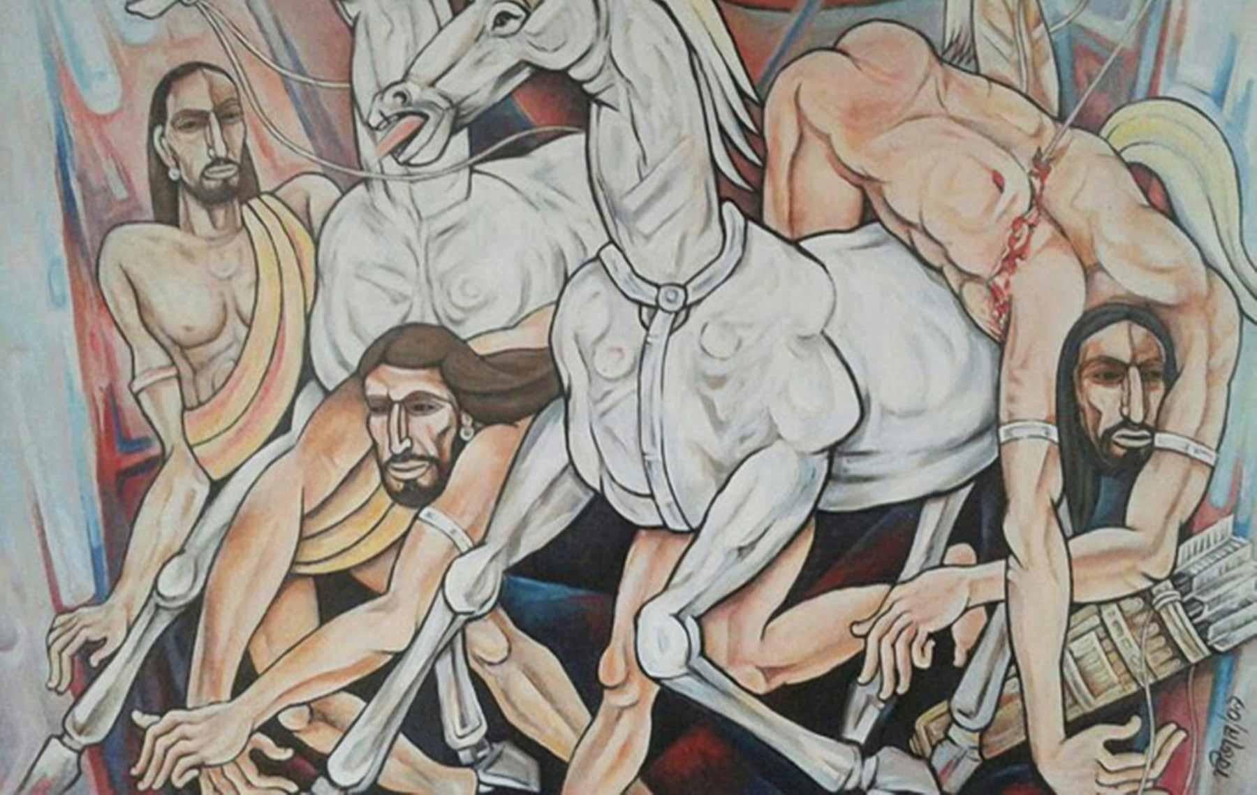Tecnica mista su tela, Blu, Marrone, Verde di un artista indiano moderno 