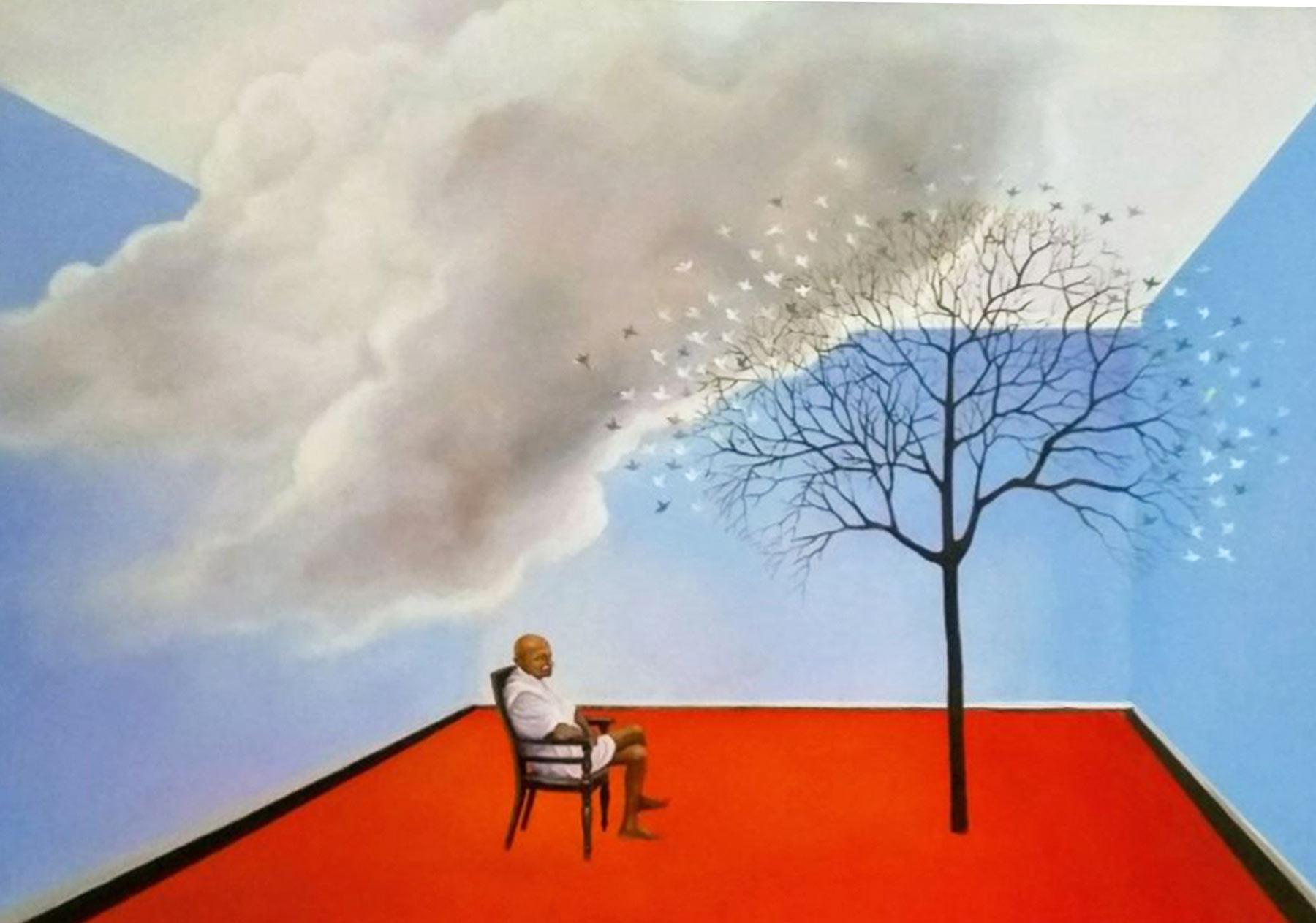 Man sitzend, Acryl auf Leinwand, rot, blau von indischer Künstler, „Auf Lager“ – Painting von Sudhanshu Sutar