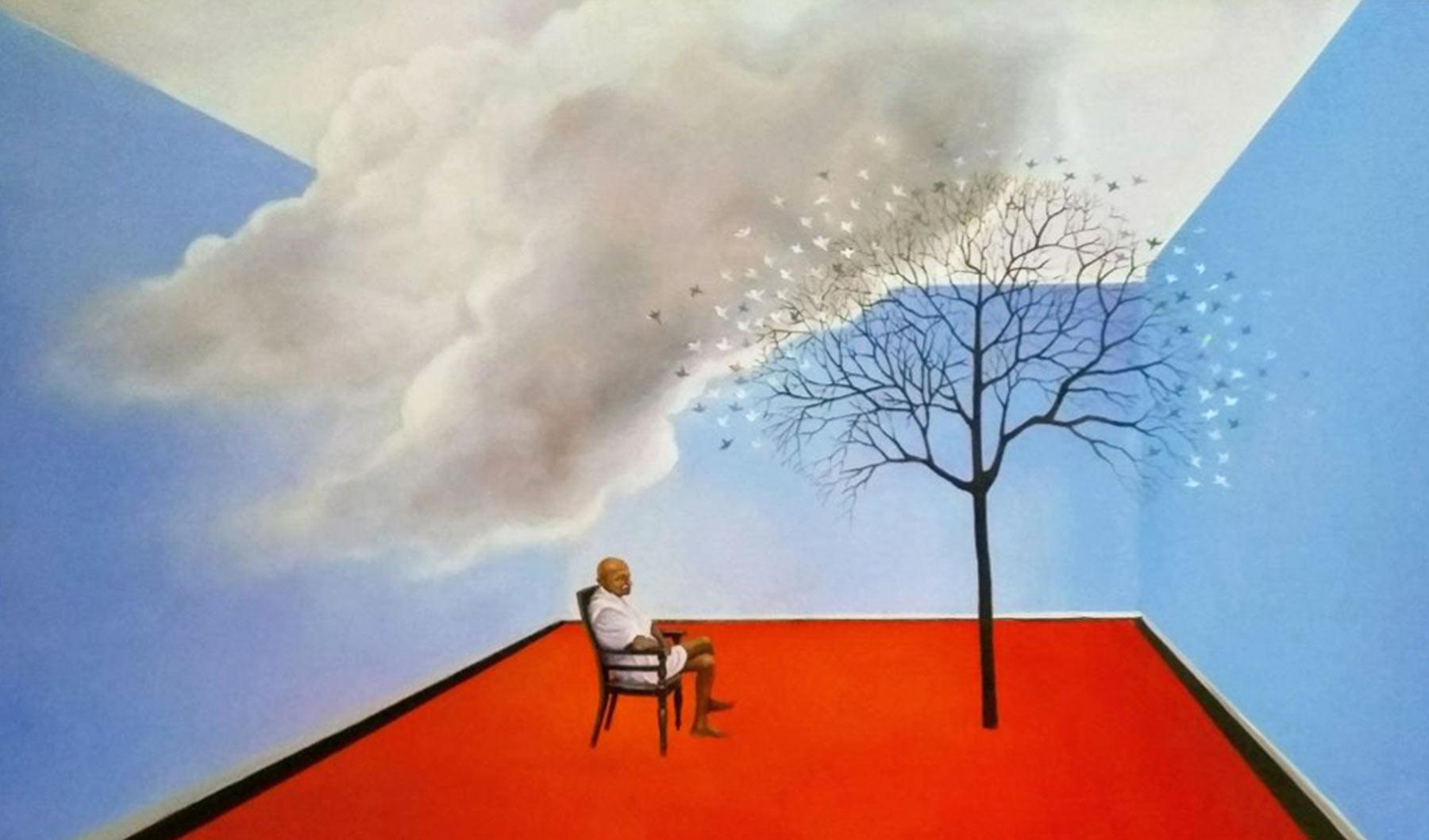 Man assis, acrylique sur toile, rouge, bleu par l'artiste indien « En stock » en vente 2