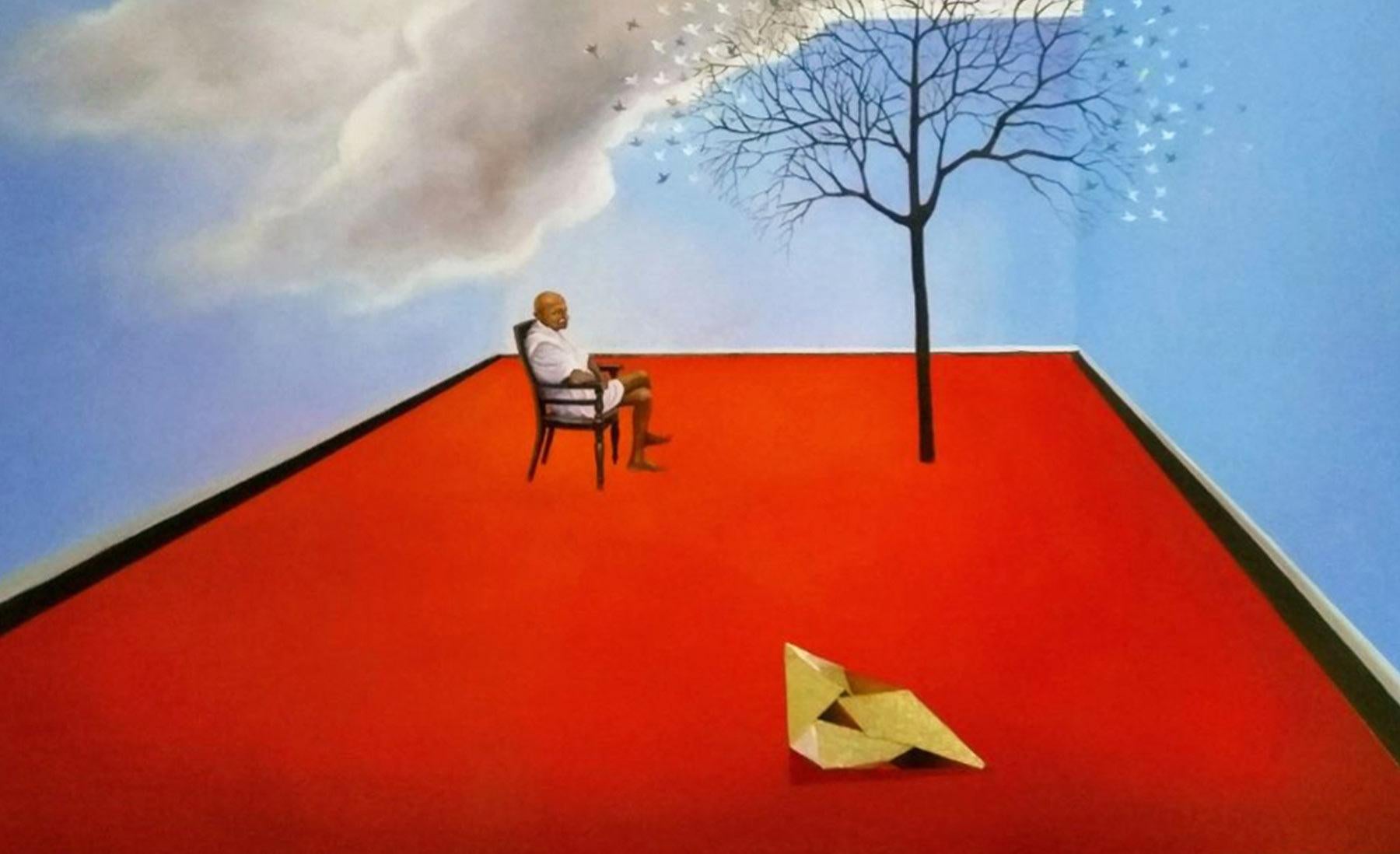 Man Seated, Acrylic on Canvas, Red, Blue by Indian Artist 