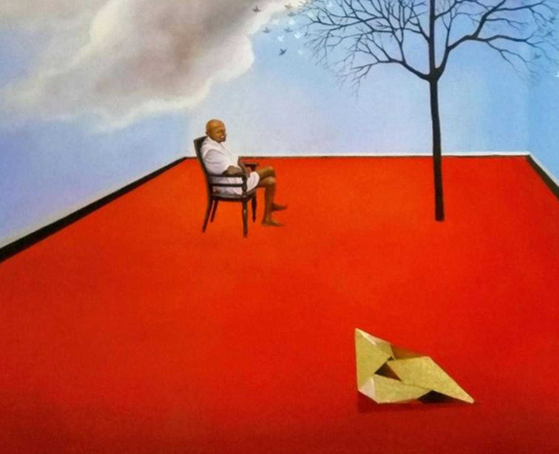 Man sitzend, Acryl auf Leinwand, rot, blau von indischer Künstler, „Auf Lager“ (Zeitgenössisch), Painting, von Sudhanshu Sutar