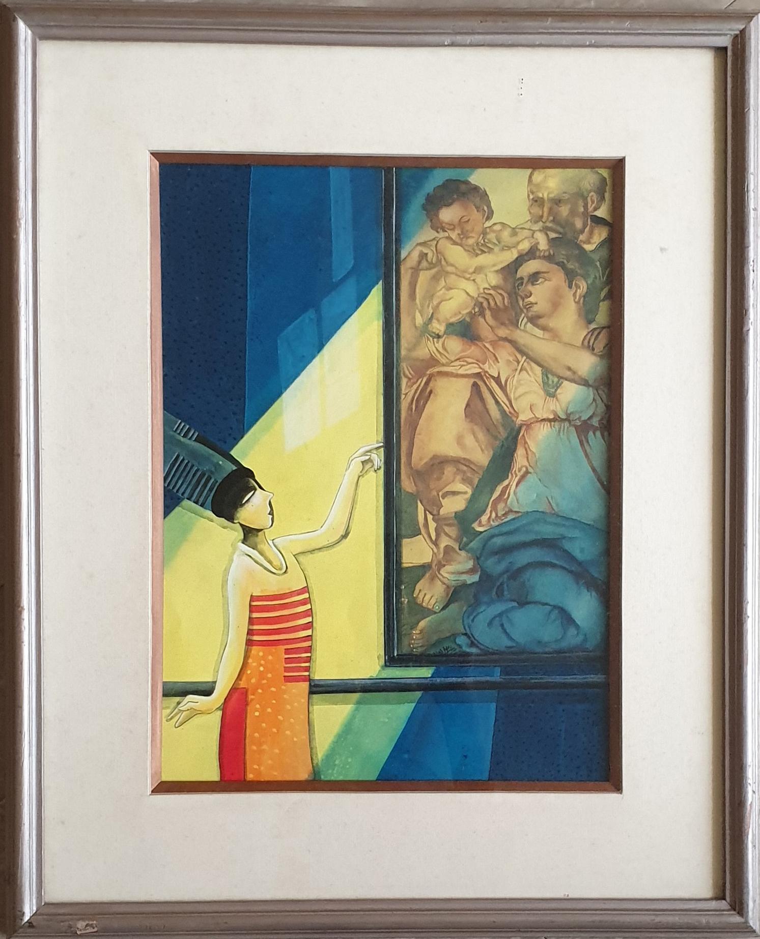Samir Sarkar Interior Painting - Woman Seeing a Renassiance Painting, Yellow, Blue, Brown , "In Stock"