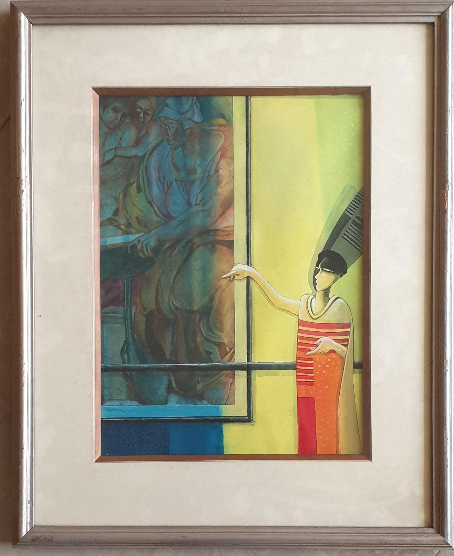 Samir Sarkar Figurative Painting - Framed Photograph, Acrylic on Paper, Red, Blue, Yellow, Indian Artist "In Stock"