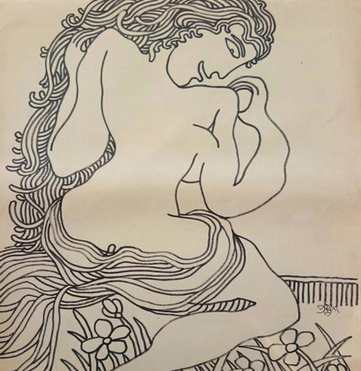 Nude Woman in Garden, Drawing, Marker on Paper by Modern Indian Artist