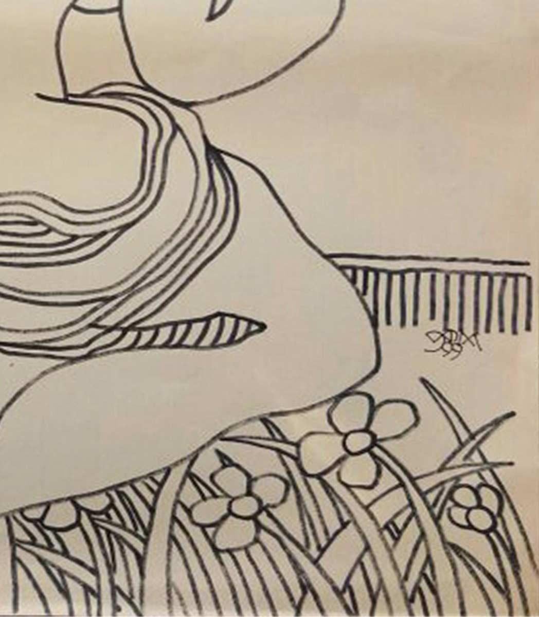 Nude Woman in Garden, Drawing, Marker on Paper by Modern Indian Artist