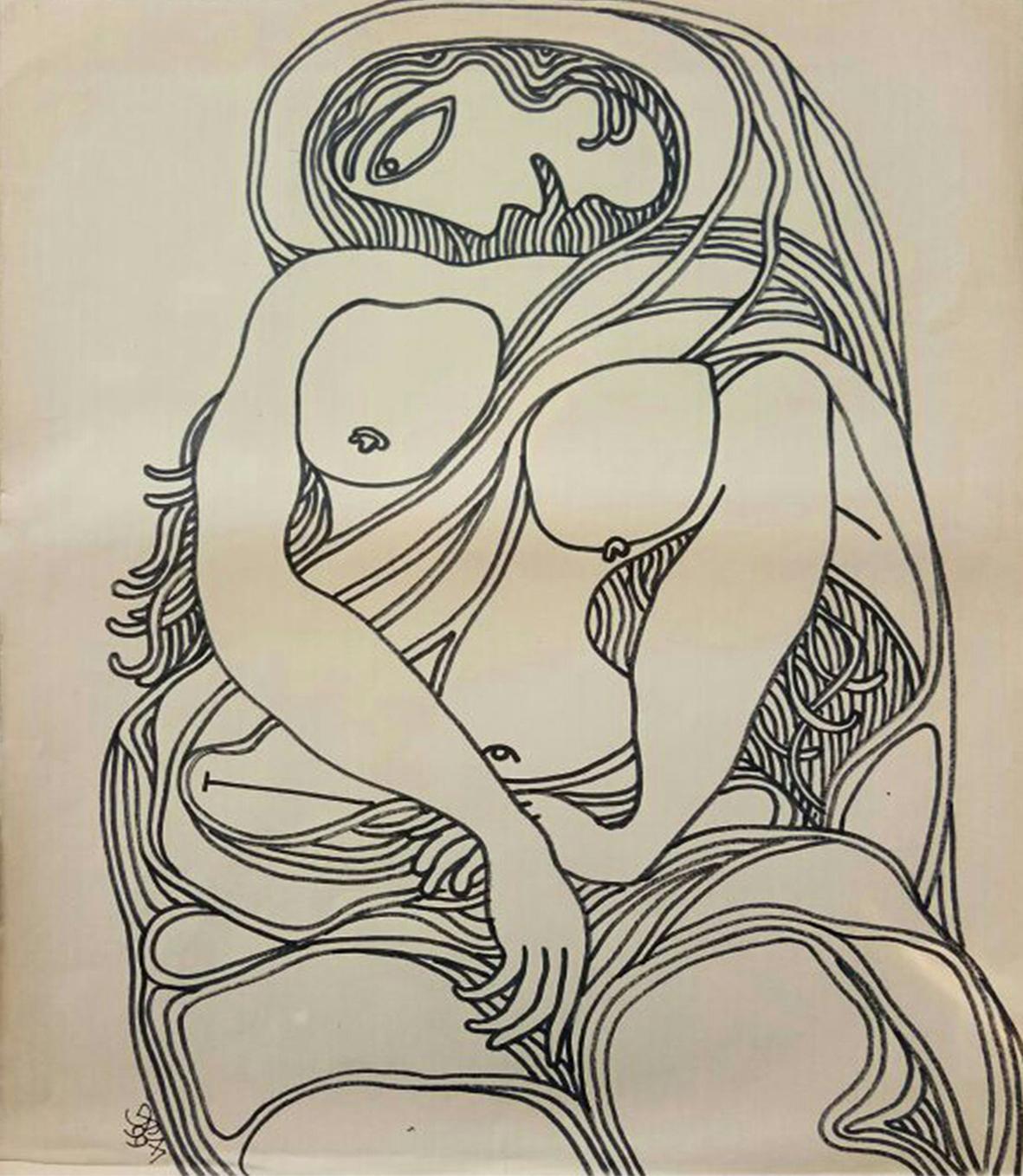 Mujer Desnuda, Dibujo, Tinta, Rotulador sobre Papel por Artista Indio Moderno "In Stock"