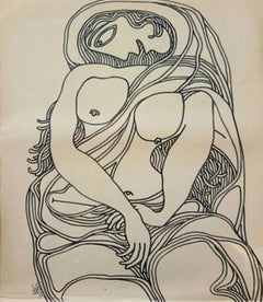 Nude Woman, Drawing, Ink, Marker on Paper by Modern Indian Artist"In Stock"