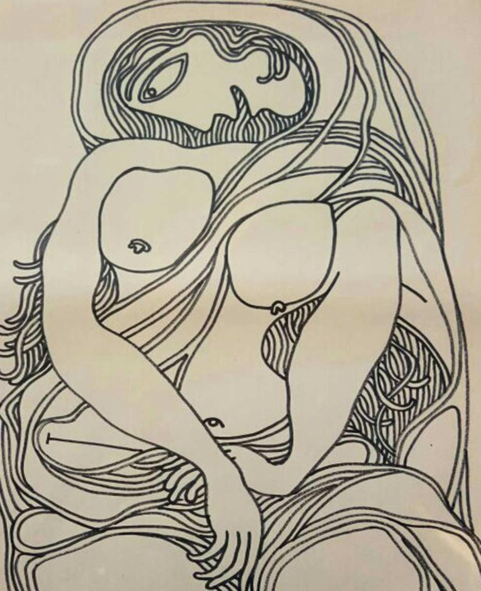 Femme nue, dessin, encre, marqueur sur papier de l'artiste indien moderne « En stock » - Art de Prakash Karmarkar