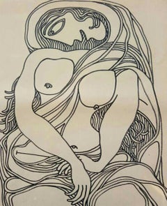 Mujer Desnuda, Dibujo, Tinta, Rotulador sobre Papel por Artista Indio Moderno "In Stock"