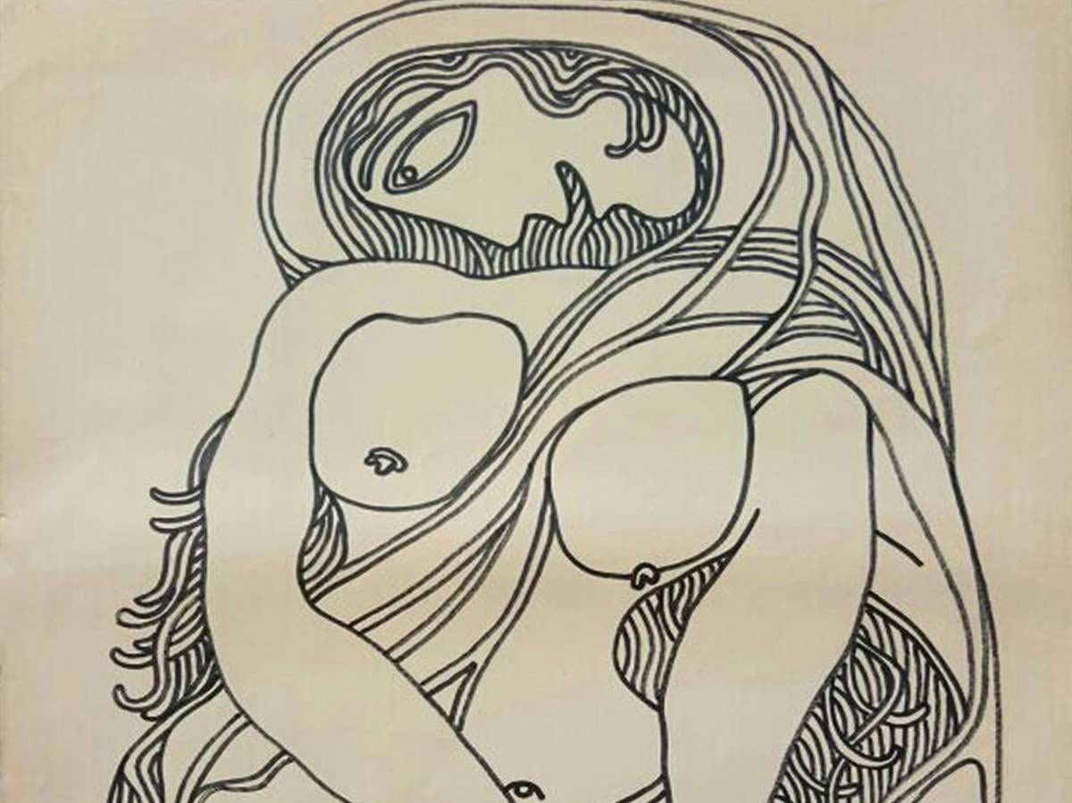 Femme nue, dessin, encre, marqueur sur papier de l'artiste indien moderne « En stock » - Moderne Art par Prakash Karmarkar