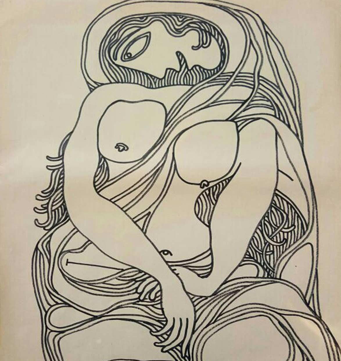 Femme nue, dessin, encre, marqueur sur papier de l'artiste indien moderne « En stock » - Beige Nude par Prakash Karmarkar