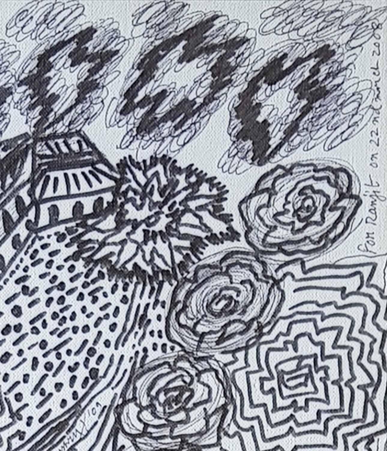 Casa, Árboles, Dibujo, Acrílico sobre tabla, Negro, Blanco por Artista indio 