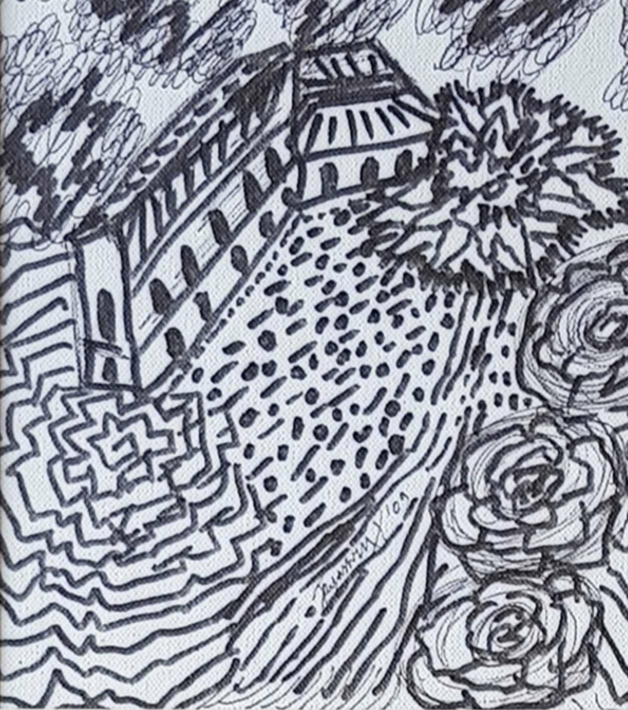 Casa, Árboles, Dibujo, Acrílico sobre tabla, Negro, Blanco por Artista indio 