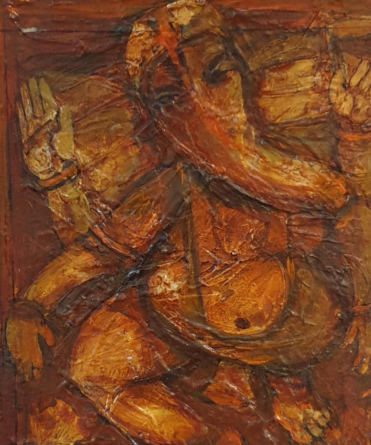Ganesh, dieu, tête d'éléphant, mythologie, acrylique sur toile, rouge, marron « en stock » - Marron Figurative Painting par Arup Das