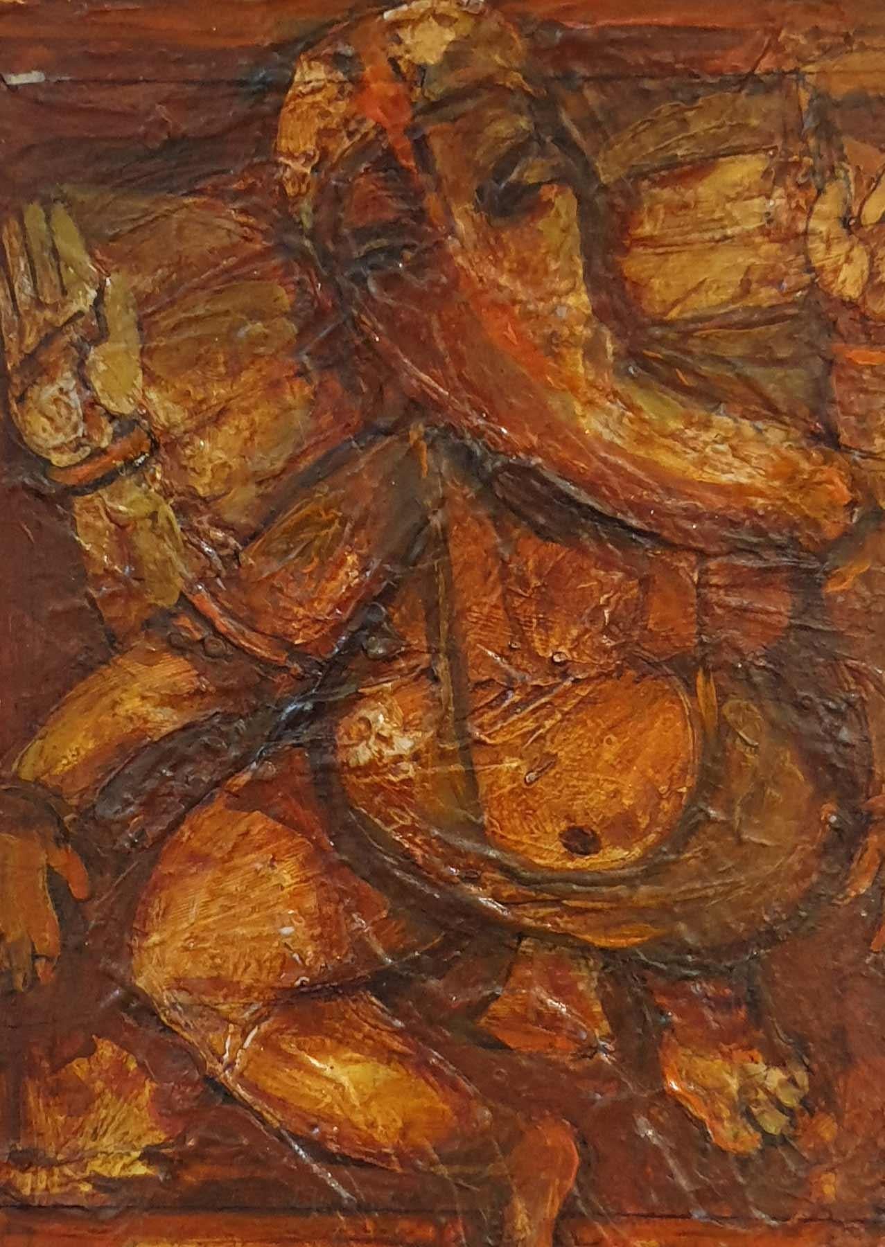 Ganesh, dieu, tête d'éléphant, mythologie, acrylique sur toile, rouge, marron « en stock » - Painting de Arup Das
