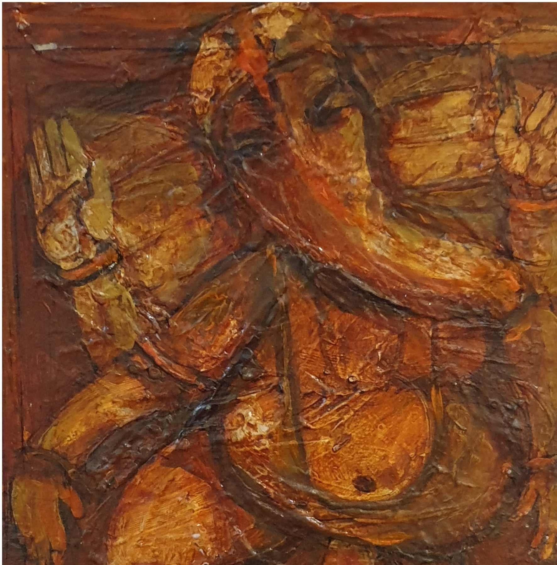 Ganesh, dieu, tête d'éléphant, mythologie, acrylique sur toile, rouge, marron « en stock » - Contemporain Painting par Arup Das