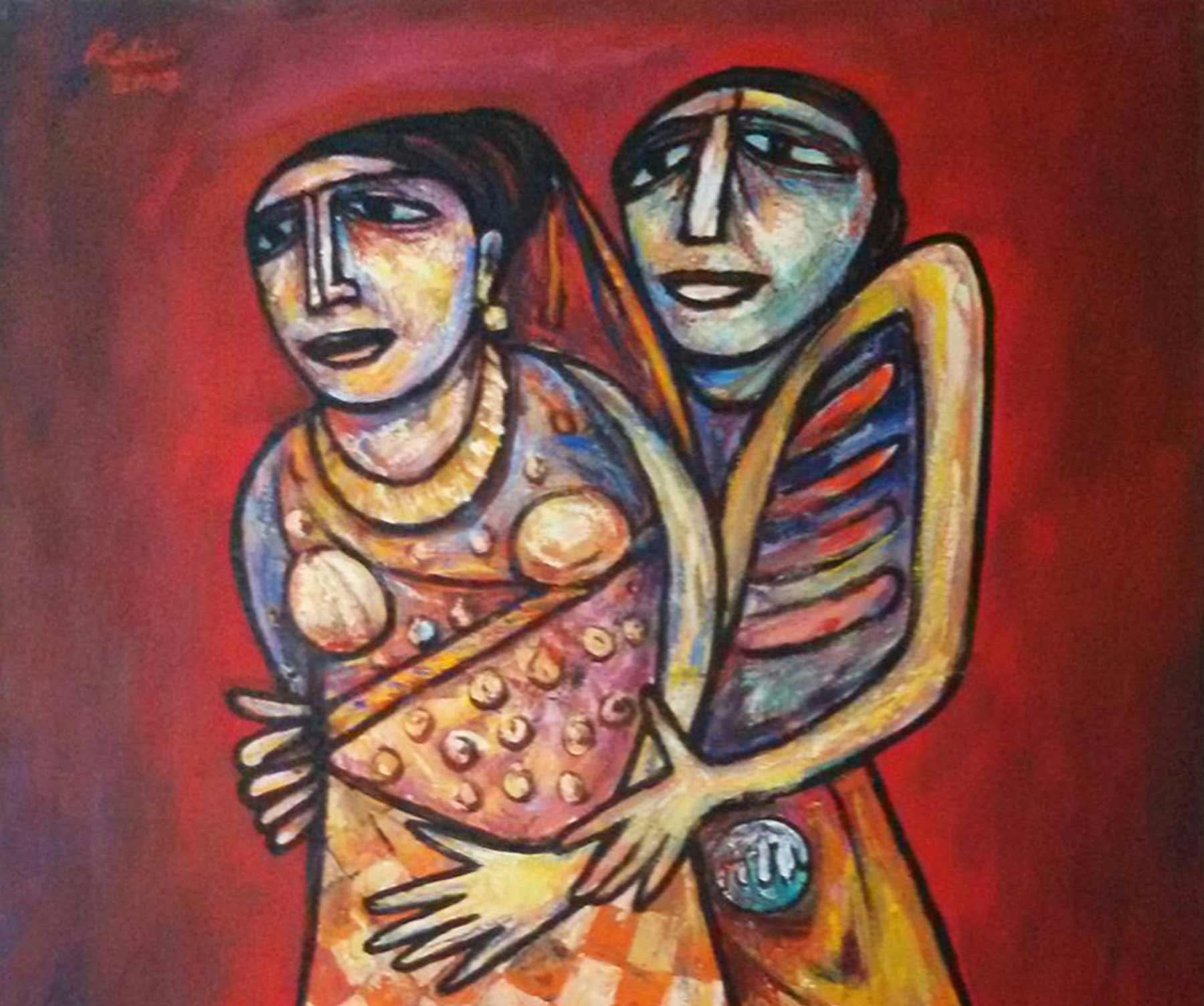 Couple Embrace, Brick Red, Brown Grey Colour by Rabin Mondal Artist