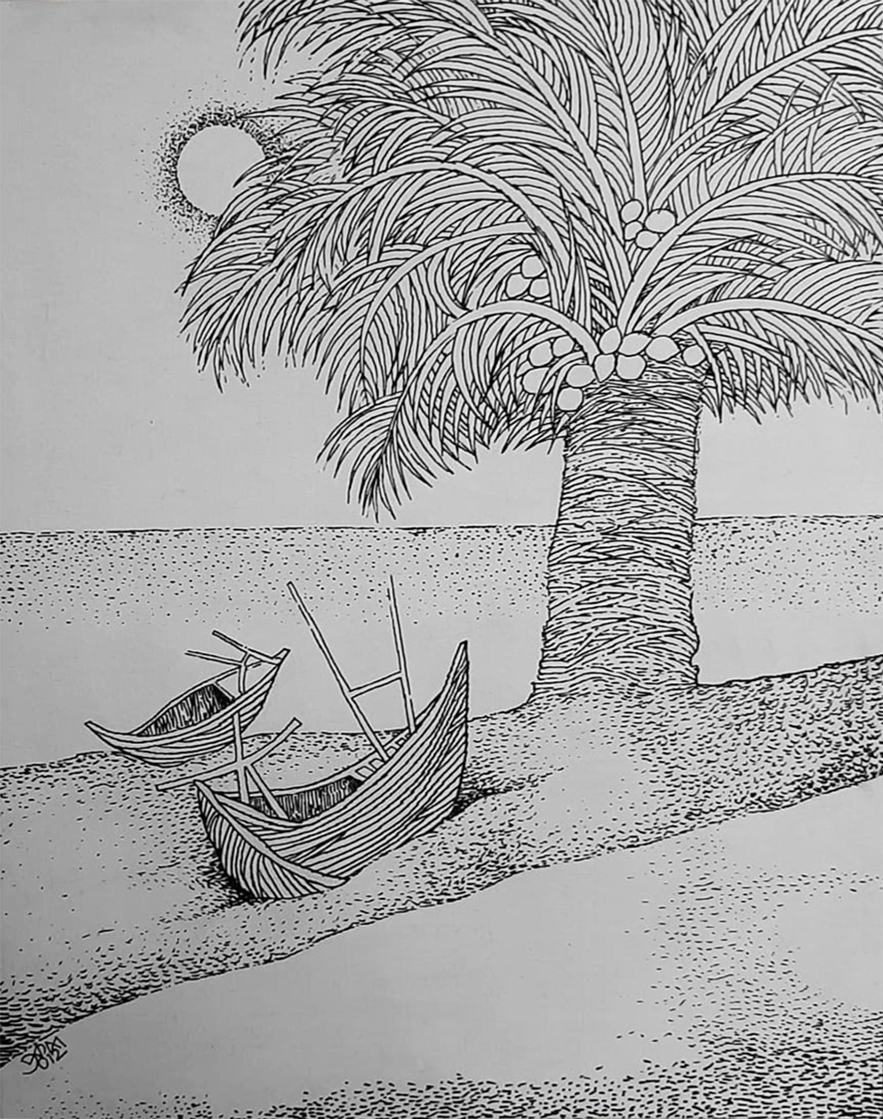 Prakash Karmarkar Landscape Art - Landscape, Beach Trees Boat, Ink on Canvas by Famous Prakash Karmakar"In Stock"