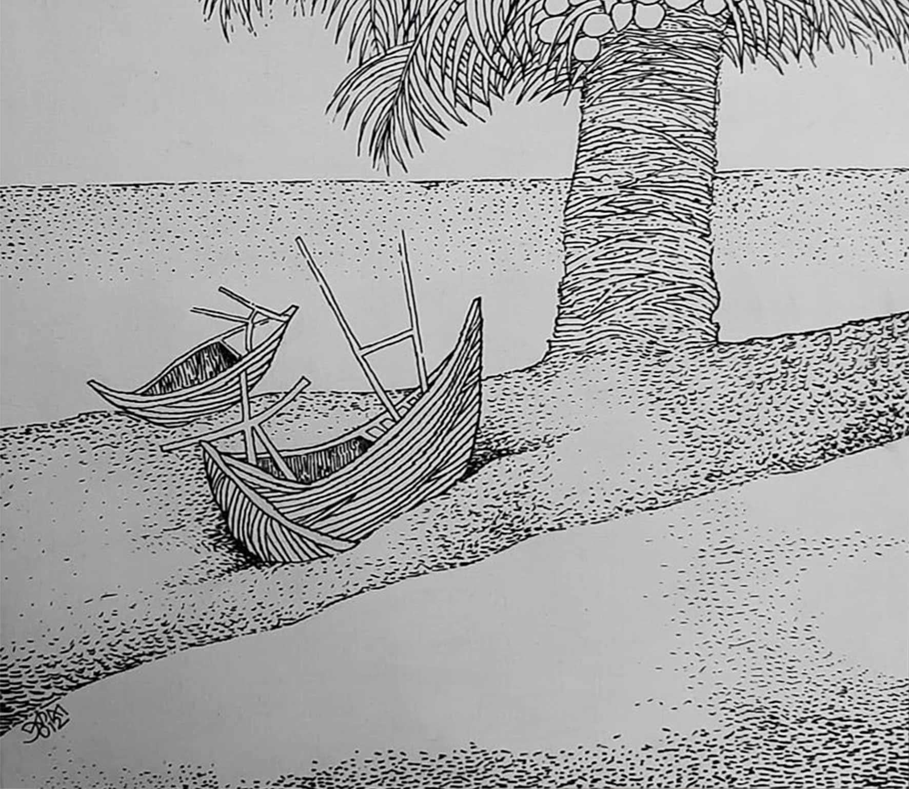 Landscape, Beach Trees Boat, Ink on Canvas by Famous Prakash Karmakar