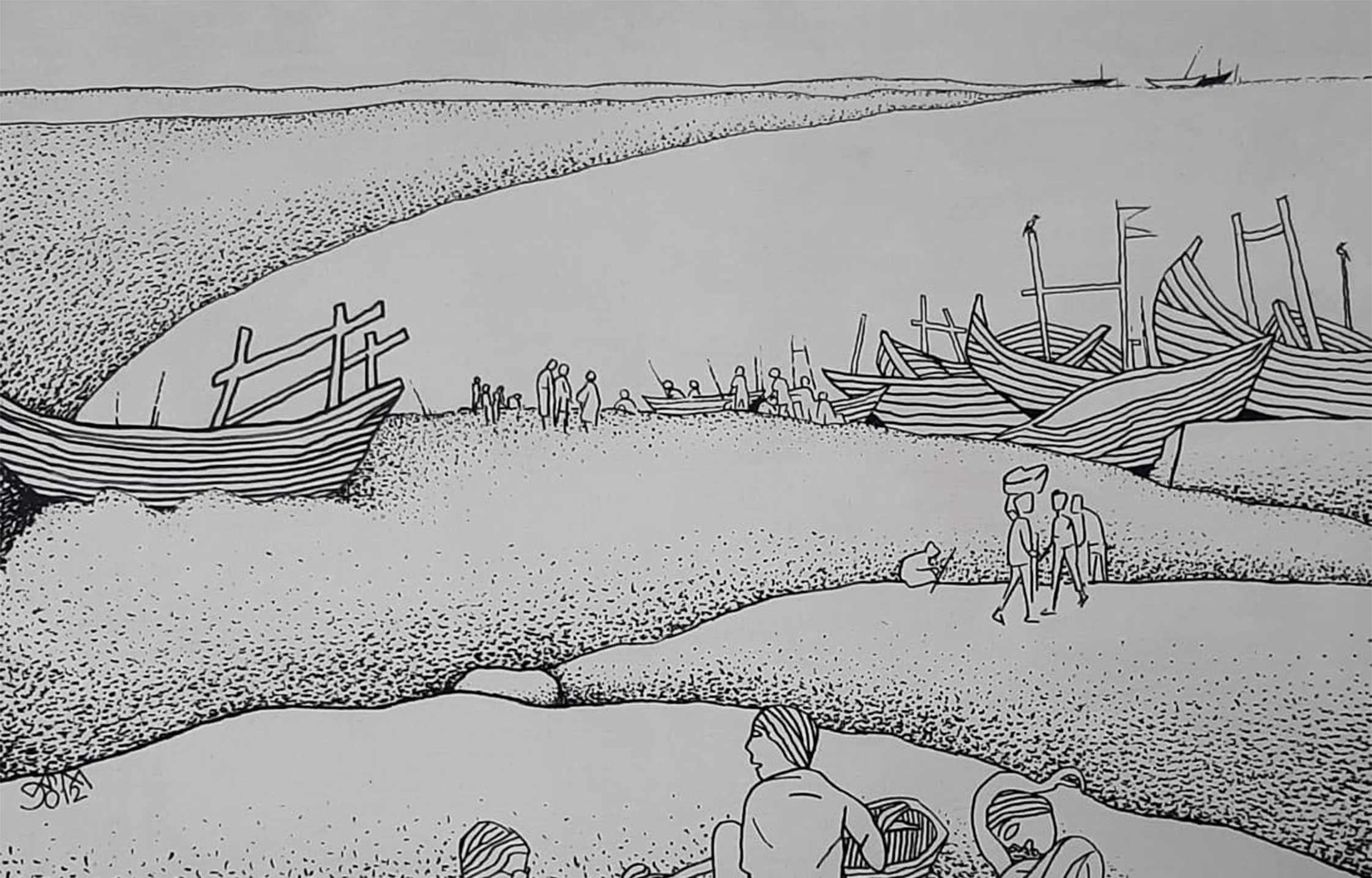 Beach, Boat, Market, Ink on Canvas by Famous Indian Master Artist 