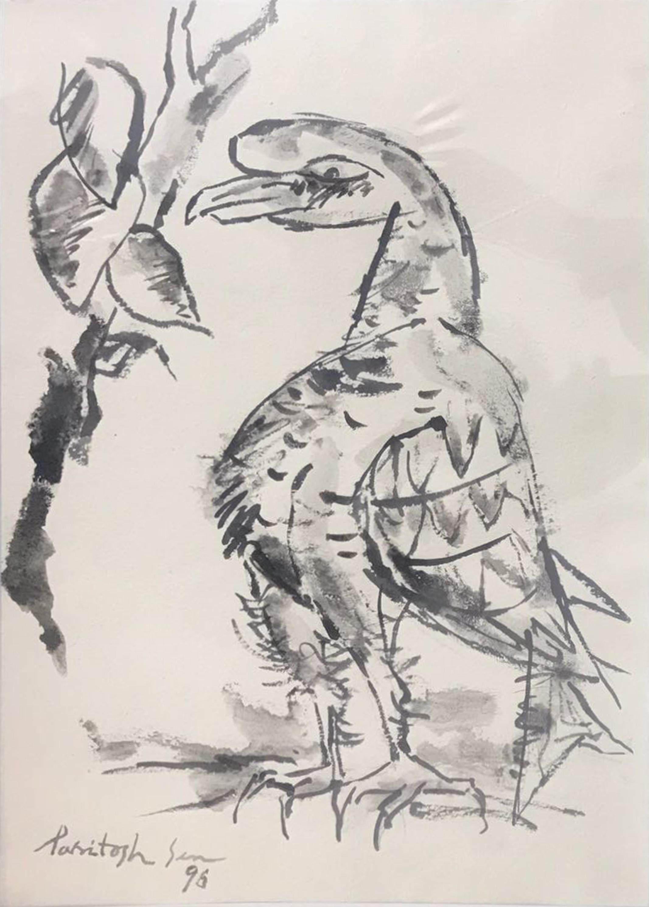 Paritosh Sen Animal Painting - Bird, Drawing, Charcoal on paper, Black, White By Master Indian Artist"In Stock"