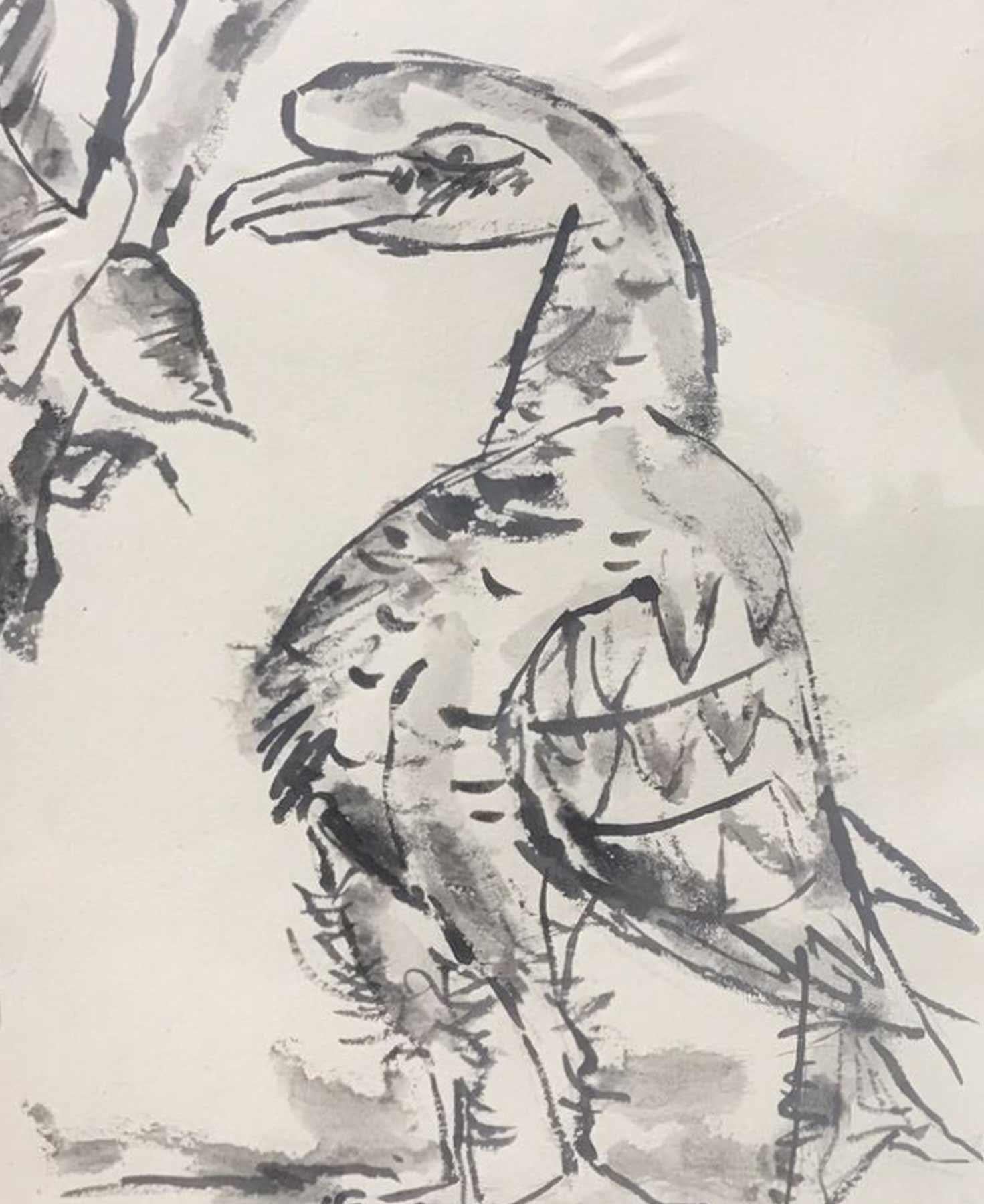 Bird, Drawing, Charcoal on paper, Black, White By Master Indian Artist